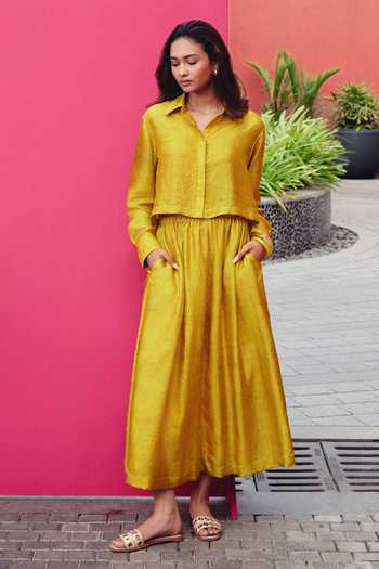 Buy_Kavya Singh Kundu_Yellow Silk Collared Neck Tulip Block Print Shirt And Skirt Set _Online_at_Aza_Fashions