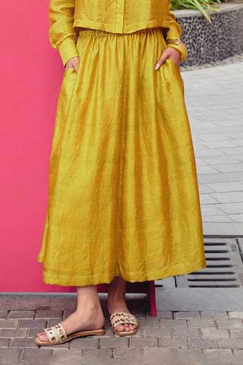 Shop_Kavya Singh Kundu_Yellow Silk Collared Neck Tulip Block Print Shirt And Skirt Set _Online_at_Aza_Fashions