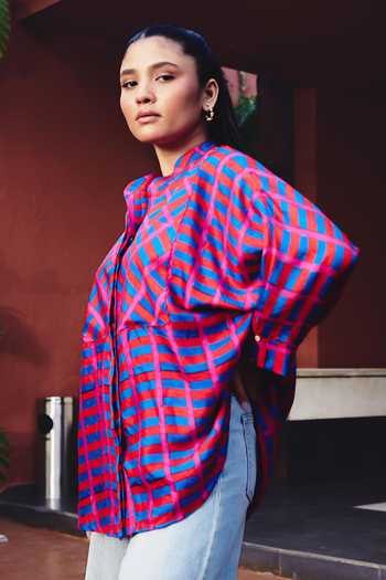 Kavya Singh Kundu_Pink Silk Mandarin Collar Pedro Block Printed Shirt _Online_at_Aza_Fashions