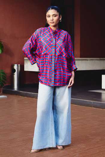 Buy_Kavya Singh Kundu_Pink Silk Mandarin Collar Pedro Block Printed Shirt _Online_at_Aza_Fashions