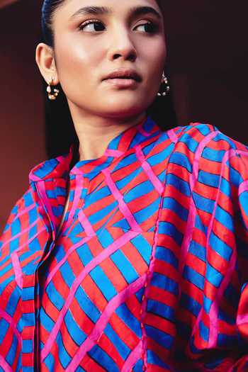 Shop_Kavya Singh Kundu_Pink Silk Mandarin Collar Pedro Block Printed Shirt _Online_at_Aza_Fashions