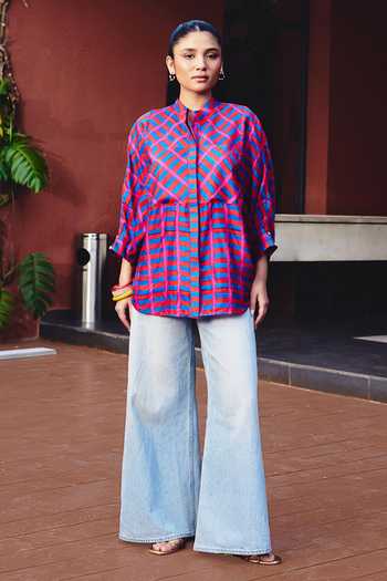 Kavya Singh Kundu_Pink Silk Mandarin Collar Pedro Block Printed Shirt _at_Aza_Fashions