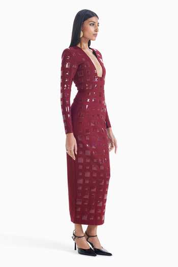 Sameer Madan_Maroon Jersey Plunge Neck Cherry Static Embellished Dress _Online_at_Aza_Fashions