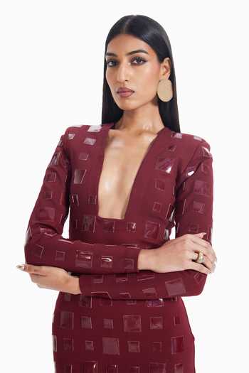 Buy_Sameer Madan_Maroon Jersey Plunge Neck Cherry Static Embellished Dress _Online_at_Aza_Fashions