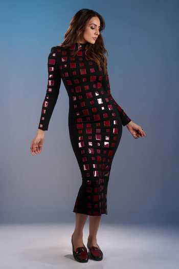 Sameer Madan_Black Jersey High Neck Lipgloss Residue Applique Work Dress _Online_at_Aza_Fashions