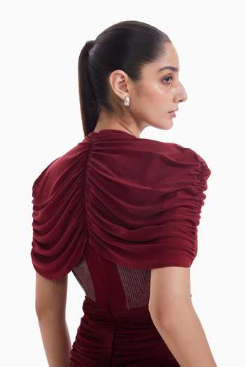 Sameer Madan Burgundy Tulle, Lycra, Jersey Plunge Neck Soft Armor Ruched Panelled Dress Online at Aza Fashions Sameer Madan_Burgundy Tulle, Lycra, Jersey Plunge Neck Soft Armor Ruched Panelled Dress _Online_at_Aza_Fashions