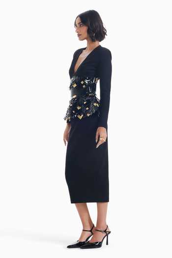 Sameer Madan_Black Jersey V-neck Snatched Aura Bodycon Dress _Online_at_Aza_Fashions