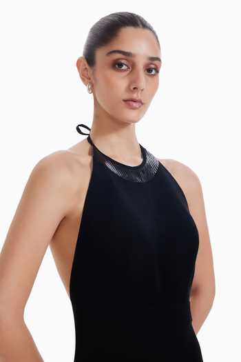 Sameer Madan_Black Crepe Halter Neck Flare Signal Dress _Online_at_Aza_Fashions
