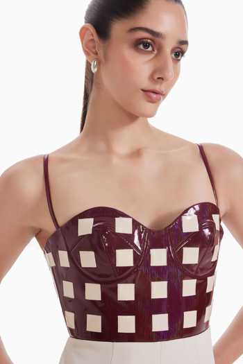 Sameer Madan Cream Crepe Sweetheart Neck Luxury Burgundy Grid-cut Bodice Wide-leg Jumpsuit Online at Aza Fashions Sameer Madan_Cream Crepe Sweetheart Neck Luxury Burgundy Grid-cut Bodice Wide-leg Jumpsuit _Online_at_Aza_Fashions