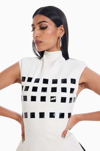 Sameer Madan_White Jersey High Neck Soft Block Square Grid Pattern Peplum Top _Online_at_Aza_Fashions