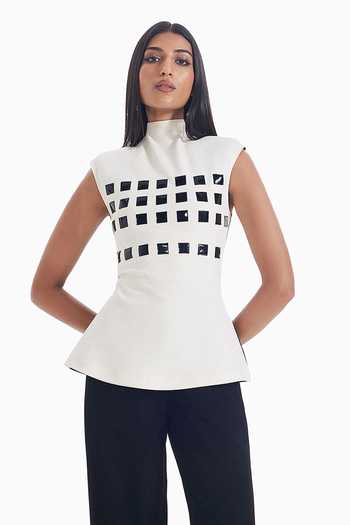 Sameer Madan Soft Block Square Grid Pattern Peplum Top 