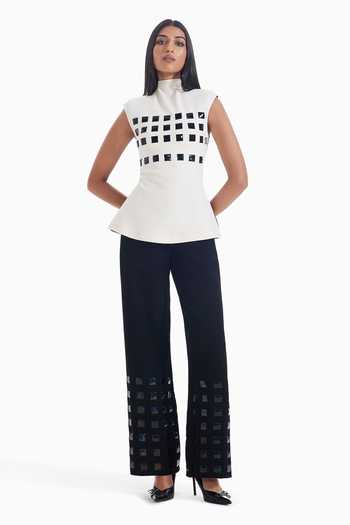 Buy_Sameer Madan_White Jersey High Neck Soft Block Square Grid Pattern Peplum Top _Online_at_Aza_Fashions