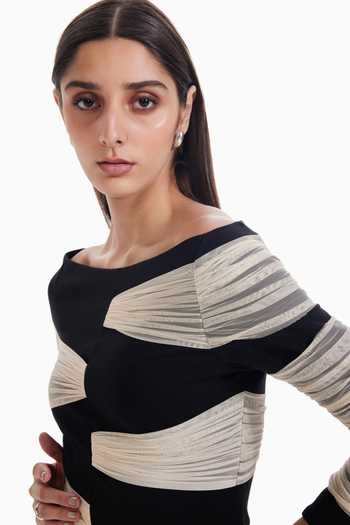 Buy_Sameer Madan_Black Jersey, Tulle Off-shoulder Mesh Emotions Ruched Sheer Top _Online_at_Aza_Fashions