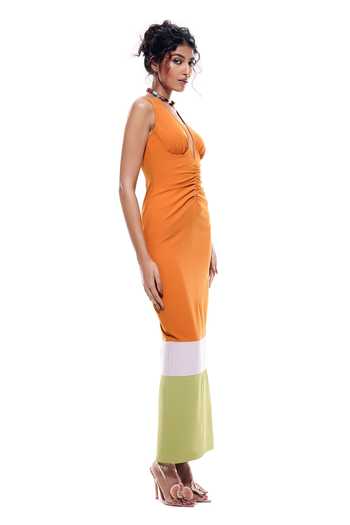 Sameer Madan Orange Crepe, Faux Leather Plunge Neck Copacabana Colorblock Bodycon Dress Online at Aza Fashions Sameer Madan_Orange Crepe, Faux Leather Plunge Neck Copacabana Colorblock Bodycon Dress _Online_at_Aza_Fashions