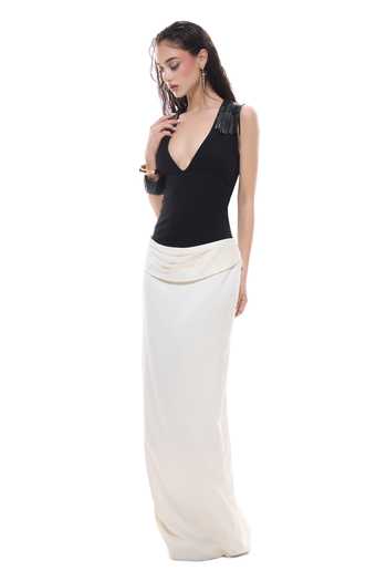 Sameer Madan Black Satin, Jersey, Faux Leather Plunge Neck Tamarindo Shell Bodycon Maxi Dress Online at Aza Fashions Sameer Madan_Black Satin, Jersey, Faux Leather Plunge Neck Tamarindo Shell Bodycon Maxi Dress _Online_at_Aza_Fashions