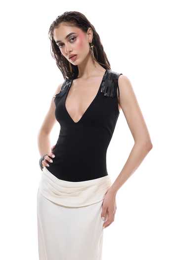 Buy Sameer Madan Black Satin, Jersey, Faux Leather Plunge Neck Tamarindo Shell Bodycon Maxi Dress Online at Aza Fashions Buy_Sameer Madan_Black Satin, Jersey, Faux Leather Plunge Neck Tamarindo Shell Bodycon Maxi Dress _Online_at_Aza_Fashions