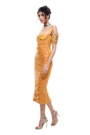 Sameer Madan Orange Faux Leather, Jersey Sweetheart Sunray Breeze Bodycon Sequin Work Dress Online at Aza Fashions Sameer Madan_Orange Faux Leather, Jersey Sweetheart Sunray Breeze Bodycon Sequin Work Dress _Online_at_Aza_Fashions