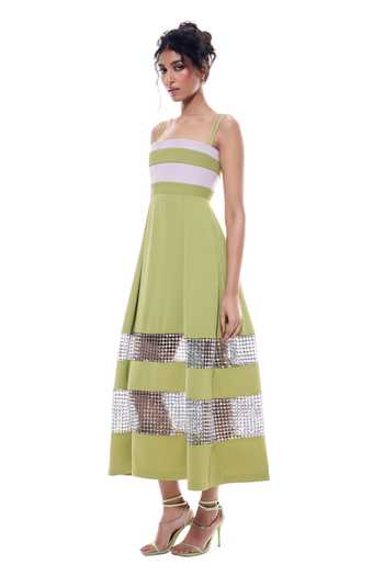 Sameer Madan Green Crepe, Faux Leather, Mesh Square Neck Mimosa Crochet Dress Online at Aza Fashions Sameer Madan_Green Crepe, Faux Leather, Mesh Square Neck Mimosa Crochet Dress _Online_at_Aza_Fashions