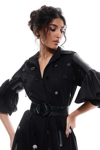 Sameer Madan Black Cotton, Faux Leather V-, Collared Camu Embellished Dress Online at Aza Fashions Sameer Madan_Black Cotton, Faux Leather V-, Collared Camu Embellished Dress _Online_at_Aza_Fashions