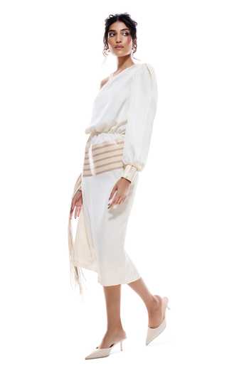 Sameer Madan_White Satin, Faux Leather One Shoulder Sancho Dress _Online_at_Aza_Fashions