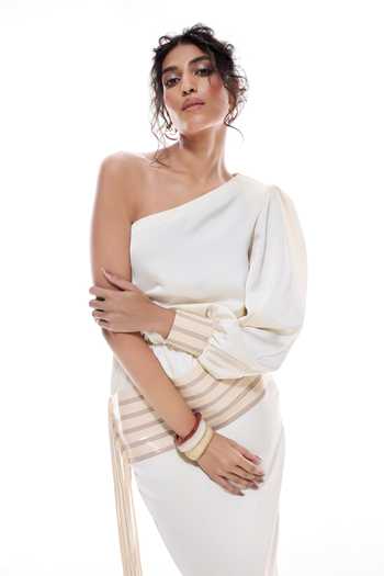Buy_Sameer Madan_White Satin, Faux Leather One Shoulder Sancho Dress _Online_at_Aza_Fashions