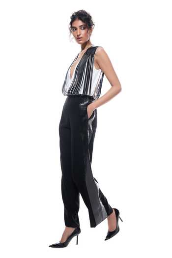 Sameer Madan_Black Crepe, Faux Leather Plunge Neck Corcovado Luxury Jumpsuit _Online_at_Aza_Fashions