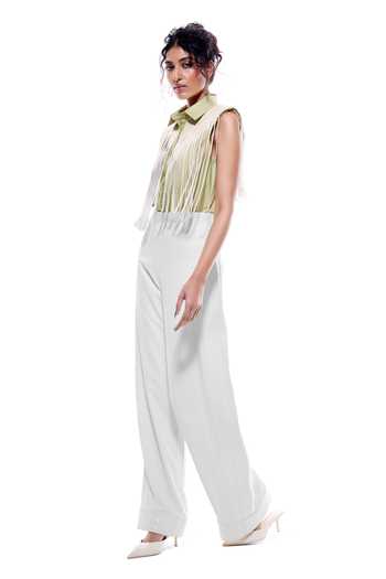 Sameer Madan_Green Cotton, Jersey, Faux Leather Fringe Collared Neck Lima Bodysuit _Online_at_Aza_Fashions