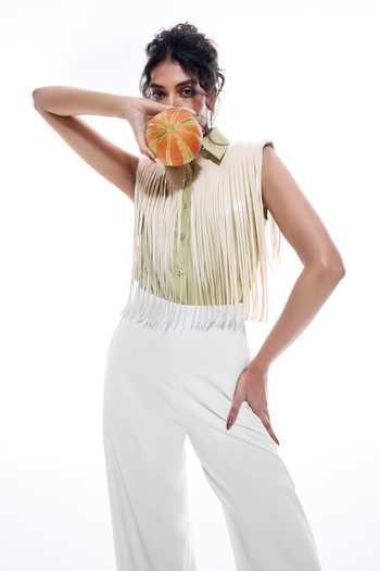 Buy_Sameer Madan_Green Cotton, Jersey, Faux Leather Fringe Collared Neck Lima Bodysuit _Online_at_Aza_Fashions
