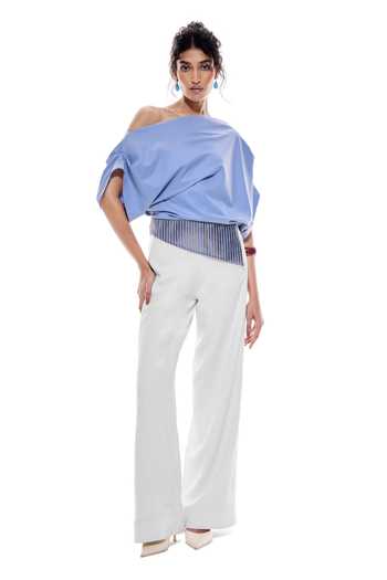 Buy Sameer Madan Blue Cotton, Faux Leather One Shoulder Sea Whisper Asymmetrical Top Online at Aza Fashions Buy_Sameer Madan_Blue Cotton, Faux Leather One Shoulder Sea Whisper Asymmetrical Top _Online_at_Aza_Fashions