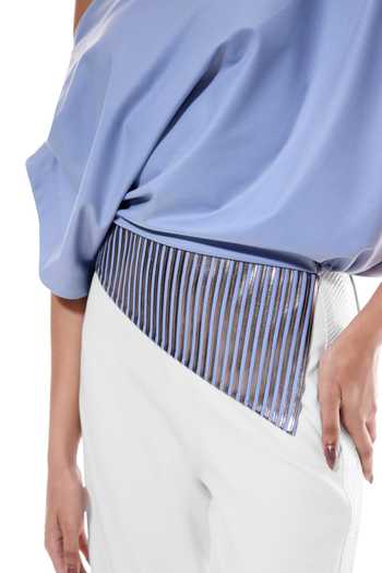 Shop Sameer Madan Blue Cotton, Faux Leather One Shoulder Sea Whisper Asymmetrical Top Online at Aza Fashions Shop_Sameer Madan_Blue Cotton, Faux Leather One Shoulder Sea Whisper Asymmetrical Top _Online_at_Aza_Fashions