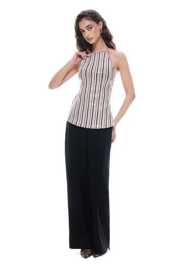 Sameer Madan_Multi Color Crepe, Faux Leather Halter Neck Chrome Carnavale Stripe Pattern Top _Online_at_Aza_Fashions