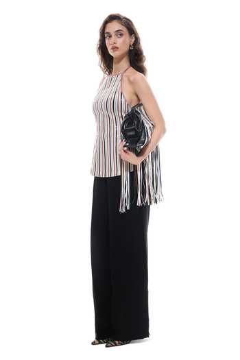 Buy_Sameer Madan_Multi Color Crepe, Faux Leather Halter Neck Chrome Carnavale Stripe Pattern Top _Online_at_Aza_Fashions