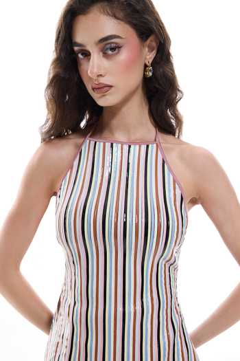 Shop_Sameer Madan_Multi Color Crepe, Faux Leather Halter Neck Chrome Carnavale Stripe Pattern Top _Online_at_Aza_Fashions