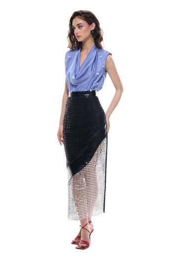 Sameer Madan_Black Crepe, Faux Leather, Mesh Mirror Beach Crochet Skirt _Online_at_Aza_Fashions