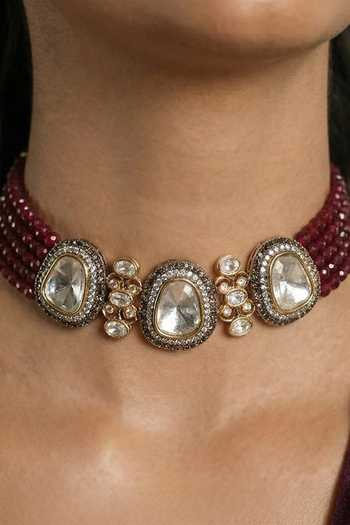 Joules by Radhika_Maroon Jivika Beaded Embellished Necklace Set _Online_at_Aza_Fashions