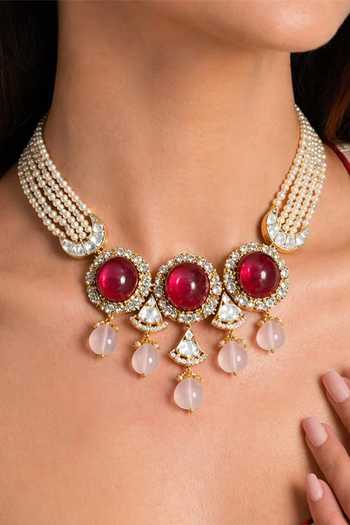 Joules by Radhika_Red Leher Stone Studded Pendant Necklace Set _Online_at_Aza_Fashions