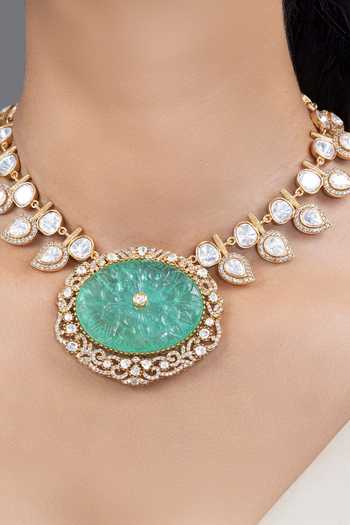Buy_Joules by Radhika_Green Laisha Carved Necklace Set _Online_at_Aza_Fashions