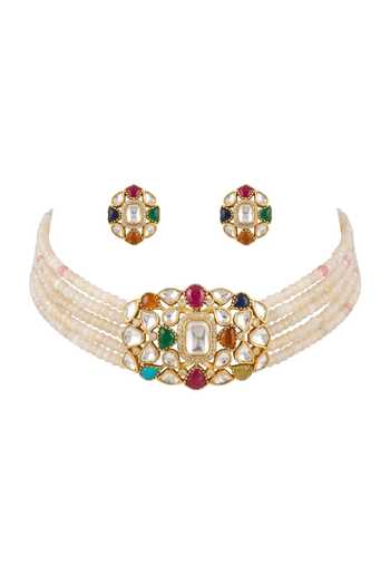 Shop Joules by Radhika Ivory Reavi Pearl Embellished Necklace Set at Aza Fashions Shop_Joules by Radhika_Ivory Reavi Pearl Embellished Necklace Set _at_Aza_Fashions