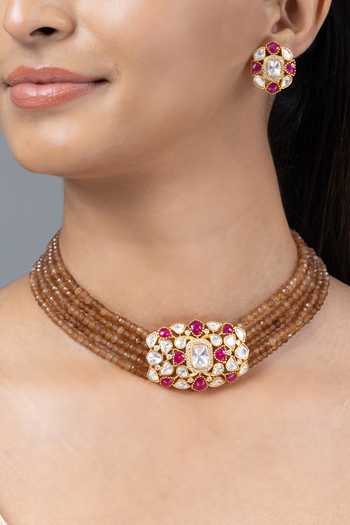Shop_Joules by Radhika_Brown Kamayras Stone Studded Choker Set _Online_at_Aza_Fashions