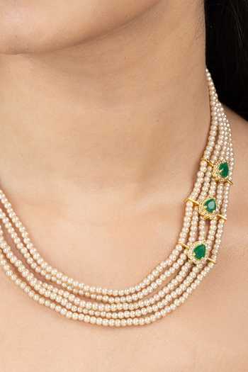 Joules by Radhika_Green Veylaya Pearl Embellished Layered Necklace _Online_at_Aza_Fashions