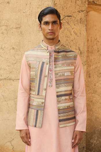 Aum By Asit And Ashima_Multi Color Silk, Brocade, Jacquard, Cotton Kurta Set With Linear Bundi _Online_at_Aza_Fashions
