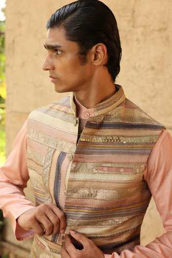 Buy_Aum By Asit And Ashima_Multi Color Silk, Brocade, Jacquard, Cotton Kurta Set With Linear Bundi _Online_at_Aza_Fashions