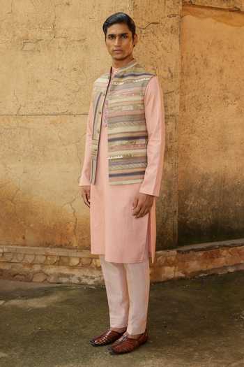 Shop_Aum By Asit And Ashima_Multi Color Silk, Brocade, Jacquard, Cotton Kurta Set With Linear Bundi _Online_at_Aza_Fashions