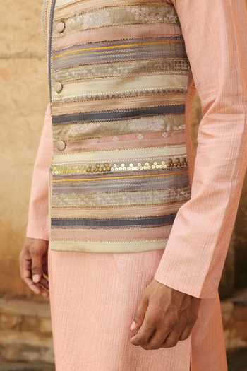 Aum By Asit And Ashima_Multi Color Silk, Brocade, Jacquard, Cotton Kurta Set With Linear Bundi _at_Aza_Fashions