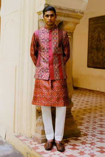 Aum By Asit And Ashima Rust Ikat Pattern Bundi & Kurta Set 