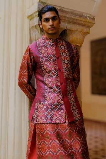 Aum By Asit And Ashima_Orange Silk, Cotton, Lycra Rust Ikat Pattern Bundi And Kurta Set _Online_at_Aza_Fashions