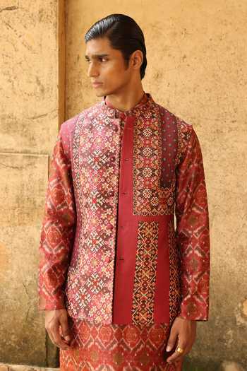 Buy Aum By Asit And Ashima Orange Silk, Cotton, Lycra Rust Ikat Pattern Bundi And Kurta Set Online at Aza Fashions Buy_Aum By Asit And Ashima_Orange Silk, Cotton, Lycra Rust Ikat Pattern Bundi And Kurta Set _Online_at_Aza_Fashions