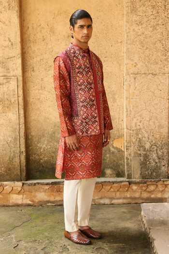 Aum By Asit And Ashima Rust Ikat Pattern Bundi & Kurta Set 