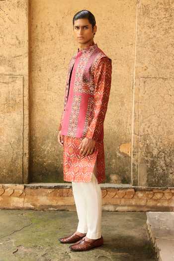 Shop Aum By Asit And Ashima Orange Silk, Cotton, Lycra Rust Ikat Pattern Bundi And Kurta Set Online at Aza Fashions Shop_Aum By Asit And Ashima_Orange Silk, Cotton, Lycra Rust Ikat Pattern Bundi And Kurta Set _Online_at_Aza_Fashions