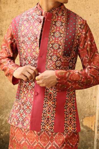 Aum By Asit And Ashima Orange Silk, Cotton, Lycra Rust Ikat Pattern Bundi And Kurta Set at Aza Fashions Aum By Asit And Ashima_Orange Silk, Cotton, Lycra Rust Ikat Pattern Bundi And Kurta Set _at_Aza_Fashions